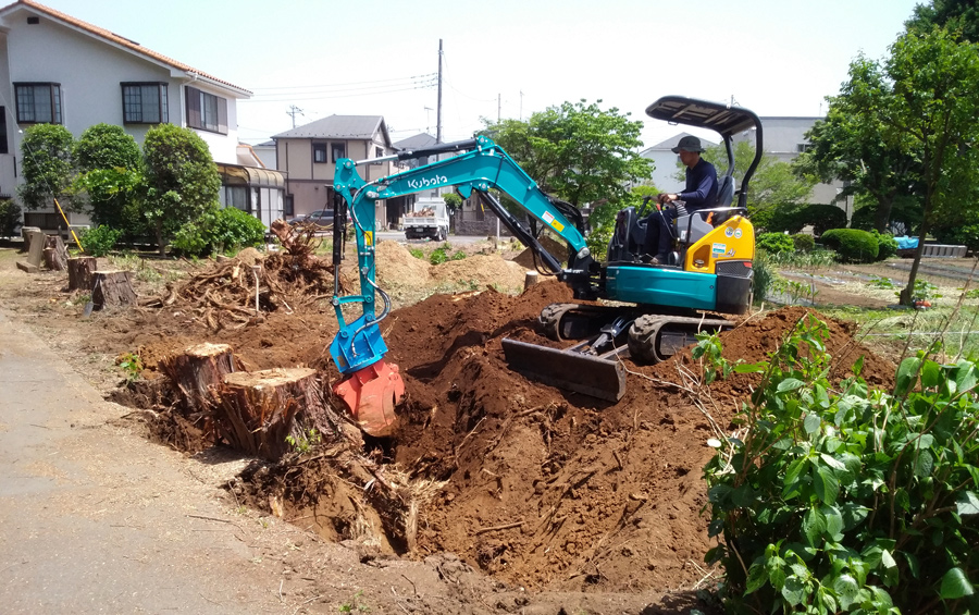 重機を使い抜根作業、抜根にかなり時間がかかりました。
