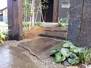 埼玉県坂戸市H邸 「雑木と飛び石の庭」、傾斜になっていたので石の厚さを利用して段にしました。