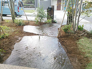 埼玉県坂戸市H邸 「雑木と飛び石の庭」、大きい飛び石は雰囲気がとても良い庭になりました。