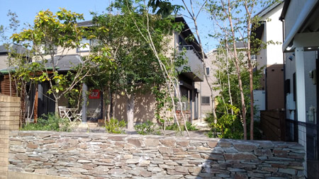 鶴ヶ島市・Ｍ邸リビングガーデン、正面からのアングル、樹木が芽吹いたらよい感じになりますね。