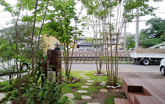 木の下の木陰を歩いて玄関に向かうのをイメージして植栽しました。