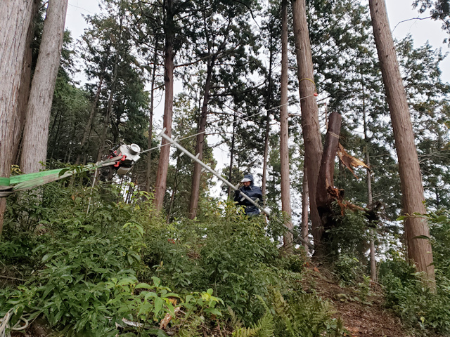 重機械が使えない場所では、ワイヤーにより安全な場所まで移動させます。